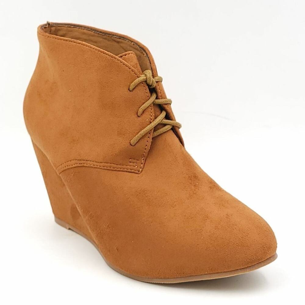 Spirit Moda Women Wedge Heel Ankle Booties Sarah Size US 7.5 Tan Faux Suede